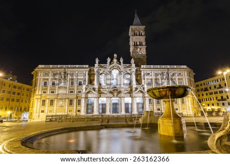 Basilica di Santa Maria Maggiore, in the light of lanterns at night in Rome, Italy