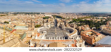 Panorama Cityscape from height, Saint Peter\'s Square and Cathedral of St. Peter near river Tiber. Rome, Italy