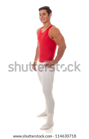 Young adult male gymnast. Studio shot over white.