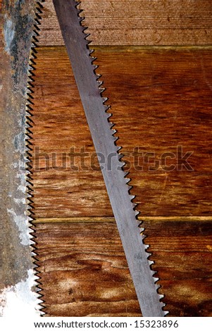 Bow saw and pruning saw hanging against a wooden wall.