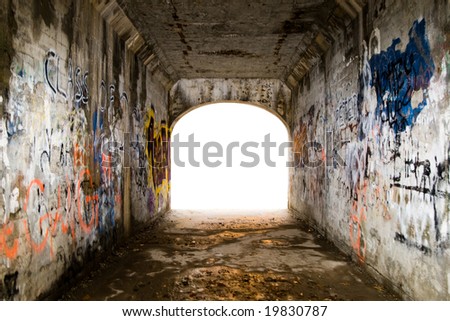 Tunnel covered with graffiti. Background removed.