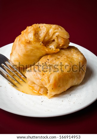 Stuffed cabbage rolls on a white plate with fork. Studio shot