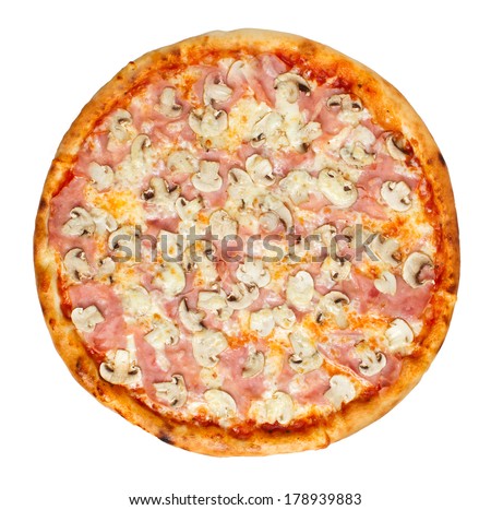 Thin crust Italian pizza with tomato sauce, cheese, ham and mushrooms. Overhead studio shot isolated on white background. See more pizzas and food stock