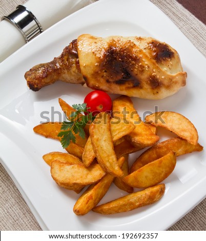 Wrapped drumstick and fries. Studio shot on white plate. See more food in my gallery