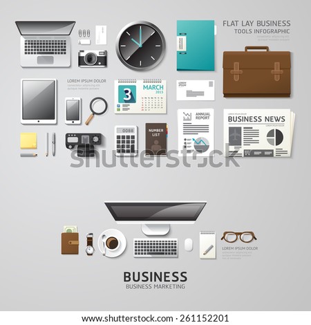 Infographic business office tools flat lay idea. Vector illustration hipster concept. can be used for layout, advertising and web design.