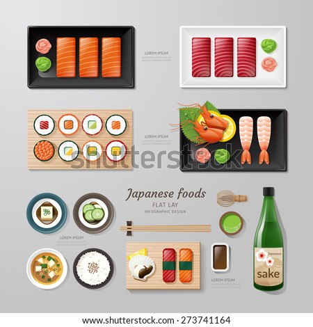 Infographic japanese foods business flat lay idea. Vector illustration hipster concept.can be used for layout, advertising and web design.