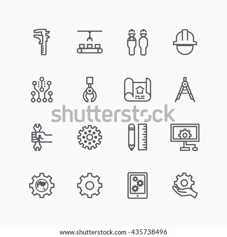 Engineering and manufacture silhouette icons set flat thin line design vector