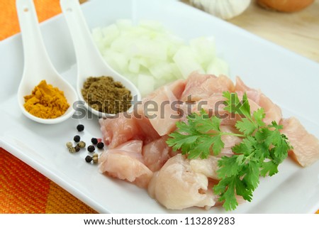 Uncooked diced chicken breast with fresh coriander and other ingredients