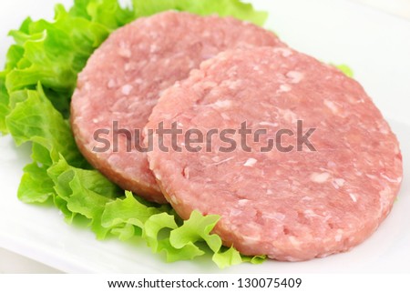 Fresh rabbit burgers with a leaf of lettuce on a white plate
