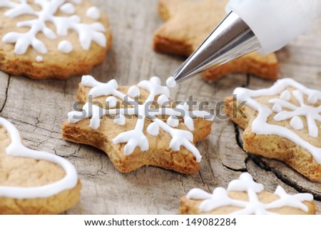 Christmas Cinnamon Cookies Icing Decorating Process With A Pastry Bag