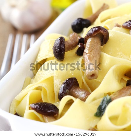 Delicious homemade egg pasta tagliatelli with wild brown honey mushrooms