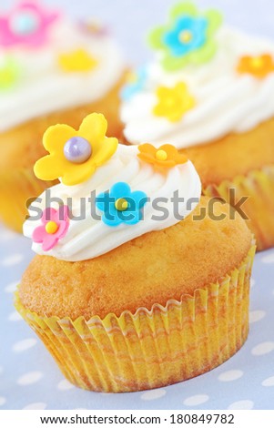 Delicious cupcakes decorated with colourful sugar paste flowers and buttercream