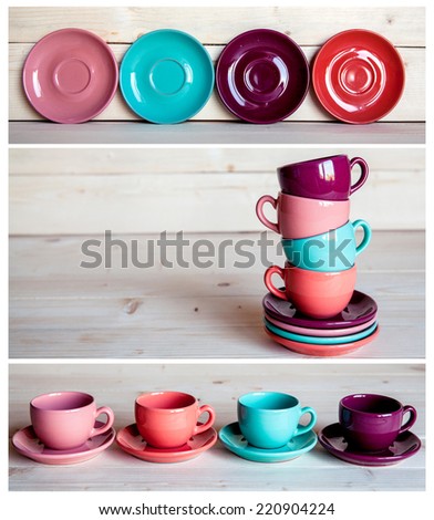 Bright and colorful tea set on a wooden background. Cups for coffee and tea on a saucer. Collage.