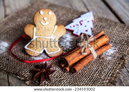 Christmas food. Gingerbread man cookies in Christmas setting.  dessert. cinnamon and star anise, beautiful spices