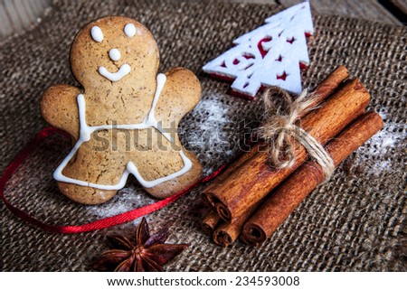 Christmas food. Gingerbread man cookies in Christmas setting.  dessert. cinnamon and star anise, beautiful spices