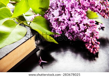 The beautiful lilac with an old book on black background