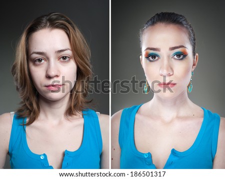 Two female studio portraits before and after bright makeup