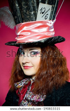 Portrait of young woman in the similitude of the Hatter (\