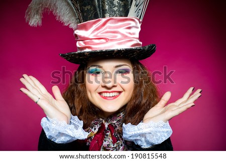 Portrait of young woman in the similitude of the Hatter (