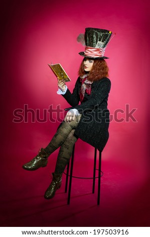 Portrait of young woman in the similitude of the Hatter (\