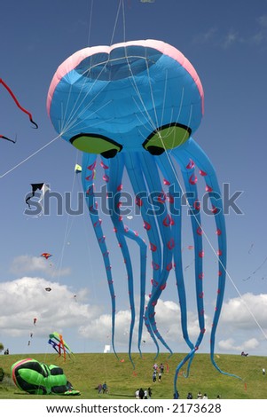 Giant octopus kite flying over spectators at the 2003 Berkeley Kite Festival.