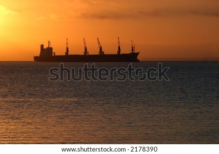 A bulk carrier at anchor in the San Francisco Bay bathed in the golden light of early morning.