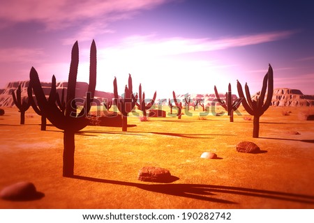 Saguaro Cactus Field in Desert 3D artwork Concept for climate change and Global Warmth
