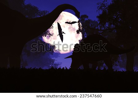 Mysterious Magical Prehistoric Fantasy Forest at Night in the Full Moon light 3D artwork