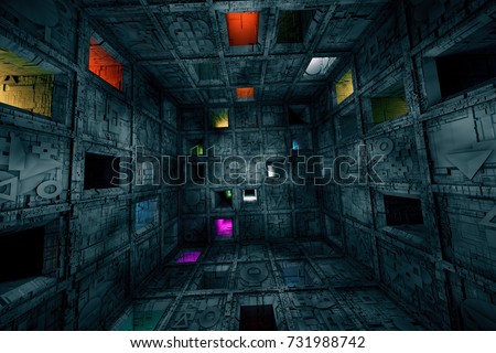 Sci Fi Grungy Escape Room Riddle Labyrinth Cube Interior 3D Illustration