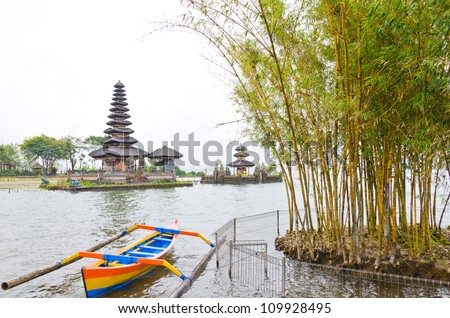 Befog lake and Pura Ulun Danu Temple on Bratan lake, Bali Indonesia