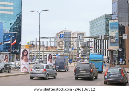 TALLINN, ESTONIA - MAY 3, 2011: Traffic flow among modern architecture of the city. Estonia is member state of the European Union
