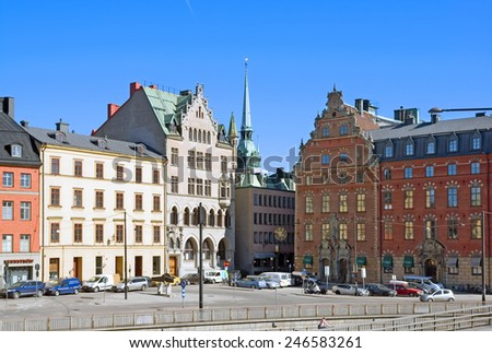 STOCKHOLM, SWEDEN - APRIL 14, 2010: View of the Gamla Stan and Tyska kyrkan or German Church (St. Gertrude\'s Church)