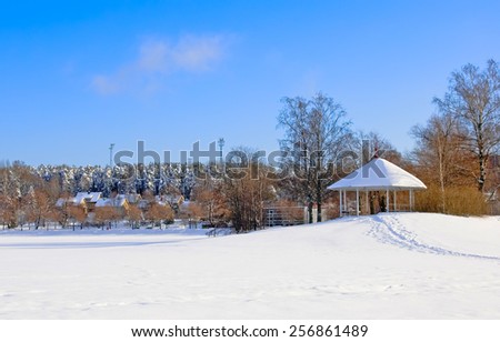 Lappeenranta. Finland. Winter landscape with pavilion on Halkosaari Island. Located in Lappeenranta Harbor on Saima Lake