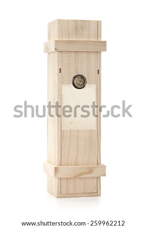 Studio shot of wooden wine box in front of white background