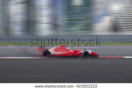 Formula 2.0 race car racing at high speed with motion blur on the background of the city in the day