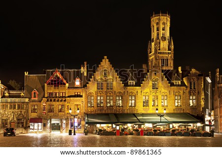 Night view of  Bourg square with Belfort tower, Bruges. Belgium