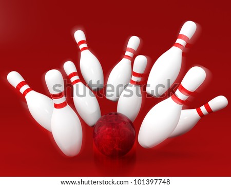 a red ball knock down bowling pins with red background