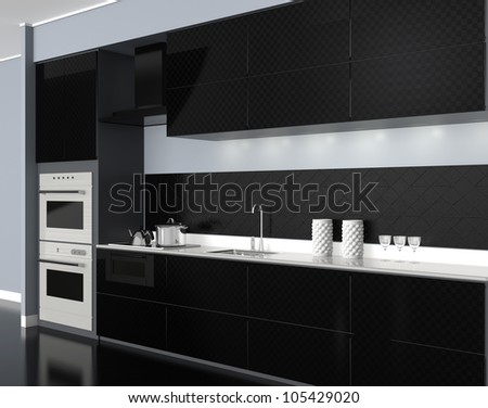 modern style black tone system kitchen(perspective view)