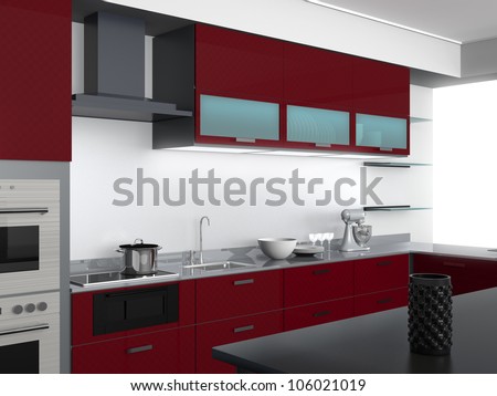 modern kitchen design with burgundy tone(perspective view)