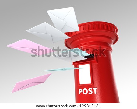 Royal post box with  letters flying toward it