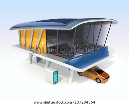 Energy efficient houses concept. Single house. Electric vehicles, home batteries system,roof mounted solar panels.Original design.