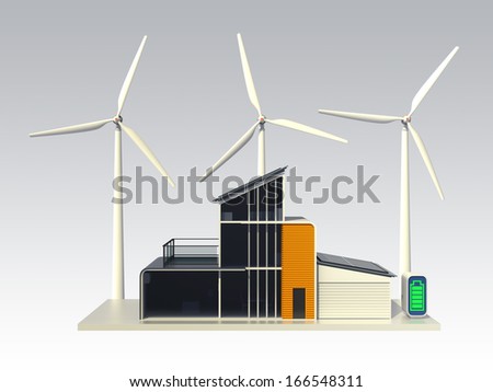 Energy efficient house support by solar panel, wind power system. 3D rendering with clipping path