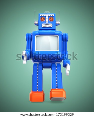Front view of blue vintage toy robot on retro green background, clipping path included