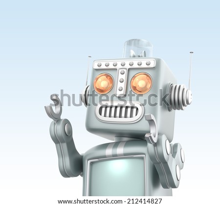 Cute vintage robot isolated on light blue background