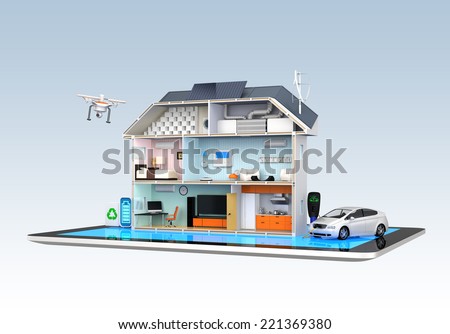 Home automation concept. Home appliances energy monitoring by tablet.