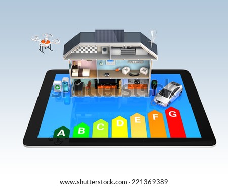 Home automation concept. Home appliances energy monitoring by tablet. Energy efficiency rating chart available.