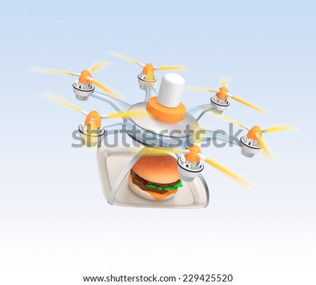 Drone carrying hamburger for fast food delivery concept