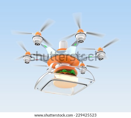 Drone carrying hamburger for fast food delivery concept