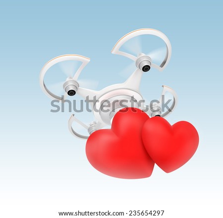 Quadcopter carrying heart marks for fast love message delivery concept