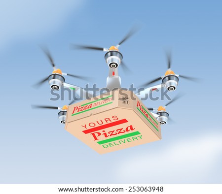 Air drone carrying single pizza box